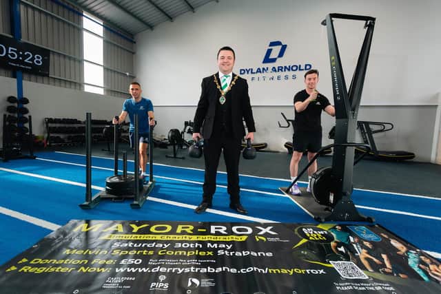 Derry City & Strabane District Council Mayor, Colr Ruairí McHugh, pictured with Dylan Arnold and Aodhan Gallen at Dylan Arnold Fitness ahead of the Mayor-Rox fundraiser for the Mayor's chosen charities - the Castlederg Patient Comfort & Terminally Ill Fund and PIPs Suicide Prevention Ireland.