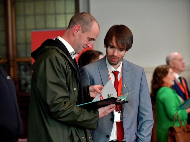 Mark H. Durkan MLA and Gareth Cross, Communications Officer, pictured at the SDLP annual Conference, on Saturday morning, in St Columb’s Hall. Photo: George Sweeney. DER2312GS – 44