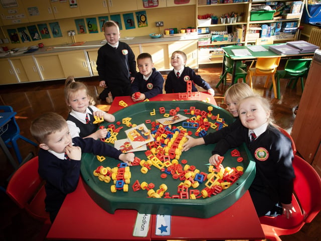 Children from Holy Child PS enjoying their first days at school on Tuesday last.