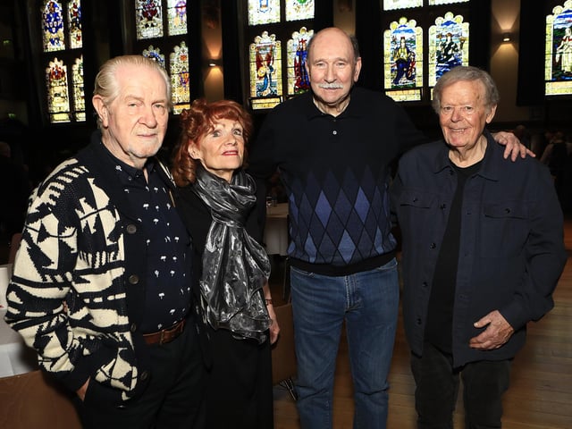 Johnny Murray, c-founder Derry Jazz Festival with jazz legends George Hasson, and on right Jim McDermott with his sister Pauline at the Classic Jazz “The Live Launch” held in the Guildhall, yesterday. (Photo - Tom Heaney, nwpresspics)