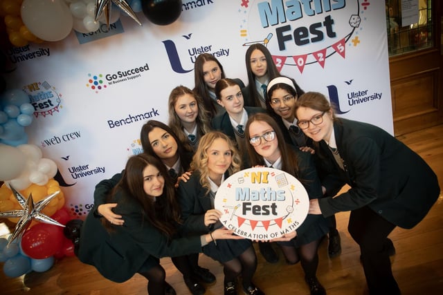 FIRST THROUGH THE DOOR!. . . Students from Thornhill College, who were first through the door on Friday morning for the Northern Ireland Maths Fest at the Guildhall. (Photos: Jim McCafferty Photography)