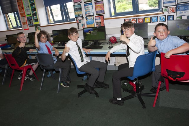 Primary 7 pupils enjoying a visit to the IT suite at St. Joseph’s Boys School on Tuesday.