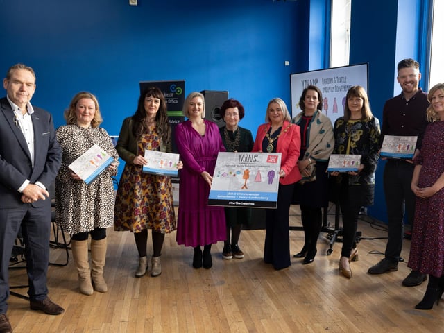 Chris Wringer, General Manager - Donegal Yarns, Deirdre Williams, Fashion and Textile Design Centre, Grace Korbel, Assistant Head of Enterprise-Donegal, Charlene Griffiths, Business and Investment Officer for DCSDC, Bridie Mullin, designer in Irish Linen, Sandra Duffy, Mayor of Derry City and Strabane, Maria Couchman, of DCCoI, Aideen Bodkin, Fashion Designer, John O'Hara - Executive - Creative Coast Donegal, and Leeann Doherty, Business Officer DCSDC, attend the official launch of Yarns Brand Development and Thought Leadership in the Fashion and Textile Industry in the Playhouse Theatre, Derry/Londonderry. Picture By Joe Dunne 18/11/22:.