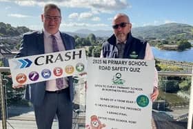 Launching the 2025 Road Safety Quiz were Davy Jackson, Chair of Road Safe NI (right) and Jonathan McKeown, CEO at CRASH Services.