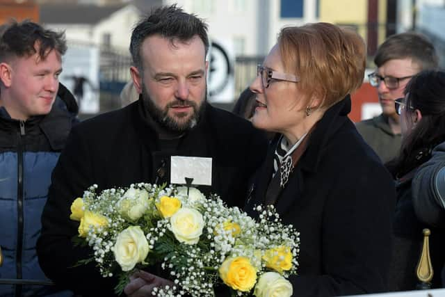 Colm Eastwood MP at the Annual Bloody Sunday Remembrance Service held at the monument in Rossville Street on Sunday morning.  Photo: George Sweeney