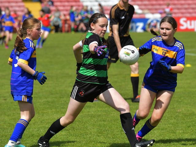 Derry Primary Schools Girls Finals at Celtic Park: St Therese and Greenhaw in action. Photo: George Sweeney. DER2321GS – 146