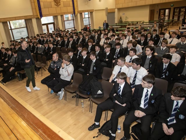 Oisin McConville, former Armagh GAA star addressing students at St. Columb's College last week. (Photos: Jim McCafferty Photography)
