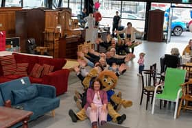 Mayor Patricia, Foyle Hospice staff and visitors, to the new Hospice shop in Pennyburn Industrial Estate, getting some ‘Rock the Boat’ practice for the record attempt to be held on Shipquay Street on Saturday 4th May. Photo: George Sweeney