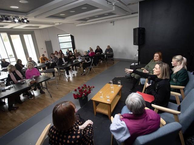 Louise Moorhead chairing Tuesday's panel discussion at the Gasyard Centre, Derry.