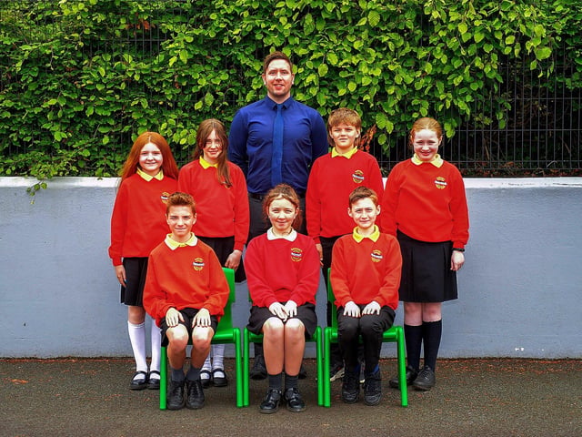 Mr Kane’s P7 leavers class at Ballougry Primary School. Photo: George Sweeney. DER2321GS – 113