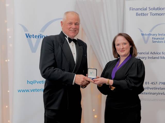 Professor Michael Doherty receives the Veterinary Ireland Distinguished Service Medal from Veterinary Ireland President Jane Pigott.