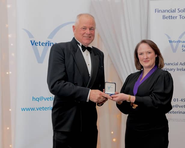 Professor Michael Doherty receives the Veterinary Ireland Distinguished Service Medal from Veterinary Ireland President Jane Pigott.