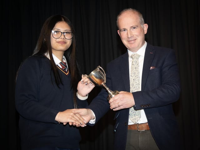 Jia Santos, Outstanding Contribution to Year 12 pictured with Head of Year, Mr David Middleton at the Oakgrove Senior Prizegiving.