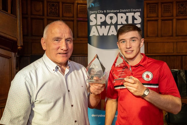 Boxing referee, Ben McGarrigle, who received a Special Recognition Award and Jude Gallager, Sports Star of the Year pictured after they received their awards during the annual Derry City and Strabane District Council Sports Awards in the Guildhall. Picture Martin McKeown. 05.06.25