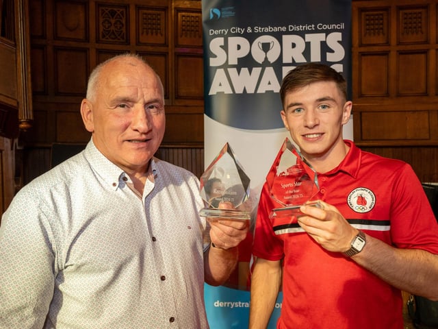 Boxing referee, Ben McGarrigle, who received a Special Recognition Award and Jude Gallager, Sports Star of the Year pictured after they received their awards during the annual Derry City and Strabane District Council Sports Awards in the Guildhall. Picture Martin McKeown. 05.06.25