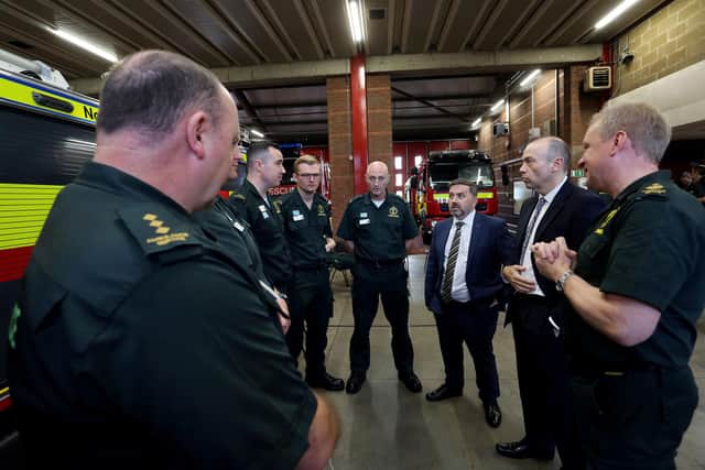 Northern Ireland Secretary Chris Heaton-Harris MP, along with Health Minister Robin Swann MLA, meeting with emergency service personnel in Derry