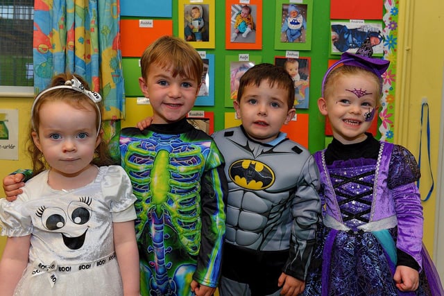 Nursery children, Aoibhin, Malachi, Jonah and Maela, from Naiscoil Dhoire Steelstown, in Halloween costume.  Photo: George Sweeney.  DER2243GS – 068