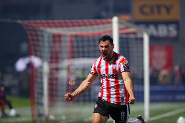 Pat Hoban celebrates his winning goal against Drogheda United at Brandywell on Friday night.