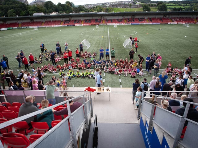 The Mayor Patricia Logue addressing all those who took part in the Ryan McBride soccer tournament at the Brandywell on Wednesday as part of Feile 23. (Photo: Jim McCafferty Photography)