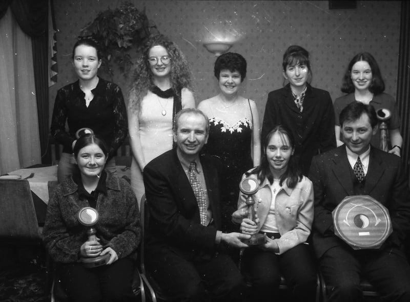 Charlie Collins, Highland Radio, presenting the Malin Ladies Senior Player of the Year Award to Dareena McKeeney. Included, at front, are Anne Marie McColgan (U-14 Player) and Michael McCarron (Merit Award). Back, from left, are Laura McColgan (Most Improved Player), Denise McCarron, treasurer, Grace McCarron, chairperson, Maria McLaughlin, secretary, and Linda Ward (U-16 Player).