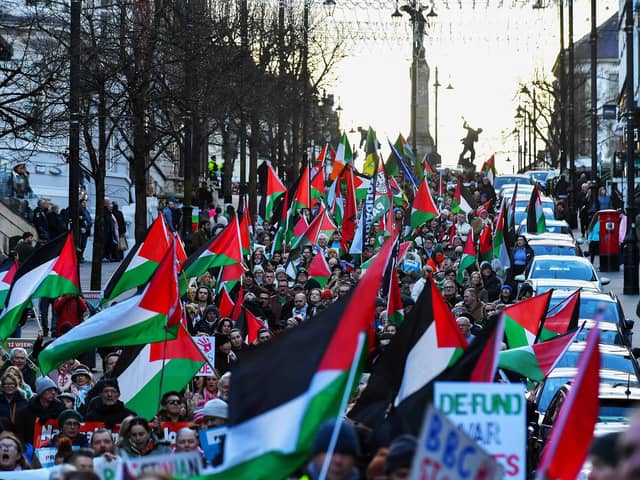 The pro-Palestinian solidarity march moving along Shipquay Street towards Guildhall Square on Saturday afternoon.  Photo: George Sweeney