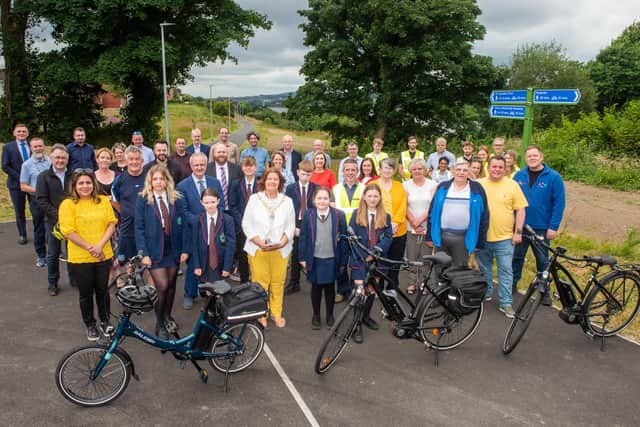 Derry City and Strabane District Council Mayor Councillor Patricia Logue has officially opened the new Strathfoyle greenway where she met funders, the design team, local community leaders and elected representatives and some of the young people who regularly use the new route above the River Foyle. Picture Martin McKeown. 23.06.23