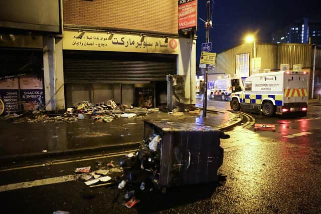 General view of the Sandy Row and Donegall Road where police came under attack during further disorder in south Belfast, Northern Ireland last night. It followed a weekend of violence which saw businesses damaged after an anti-immigration protest in the city on Saturday. On Monday night, riot teams were deployed to Sandy Row, close to a supermarket that was set on fire, as a petrol bomb and stones were thrown at officers. Photo by Kelvin Boyes / Press Eye.