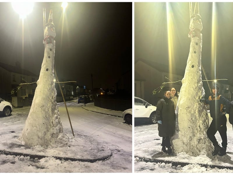 Snow giant! Incredible achievement by the residents of Northland Drive in Derry who created this amazing 13ft snowman yesterday. Last year's was 12.5ft! Built by neighbours Kevin, Charlene, David, Carina and the kids. Very well done to all of you. Photos: Carina .