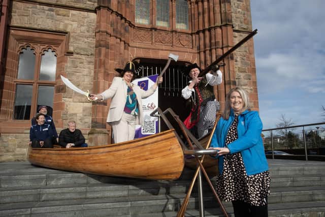 MAYOR'S ROCK-THE-BOAT CHALLENGE LAUNCH!. . . .The Mayor of Derry City and Strabane District Council, Patricia Logue pictured with representatives from her charities - The Foyle Hospice and The Ryan McBride Foundation on Wednesday afternoon outside the Guildhall to launch her world-record attempting 'Rock-The-Boat Challenge.' The event will take place on Shipquay Street on Saturday, May 4th. (Photos: Jim McCafferty Photography)