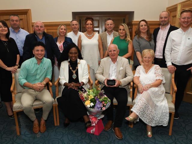 The Mayor of Derry City and Strabane District, Councillor Lilian Barr, held a special reception yesterday in the Guildhall for Gabriel Dolan in recognition of his significant contribution over the years to the Strabane/Lifford Business Community. Included are his family and friends who joined him for the celebration in the Mayor’s Parlour. (Photo - Tom Heaney, nwpresspics)