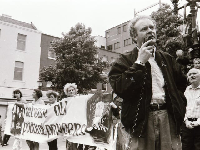 Sinn Féin's Martin McGuinness, Mary Nelis and other party members leading protests calling for all party peace talks.