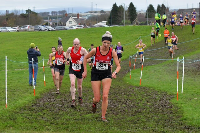Ciara Toner (354), City of Derry Spartans, runs in the Derry XC 6k Open race at Thornhill College. Photo: George Sweeney