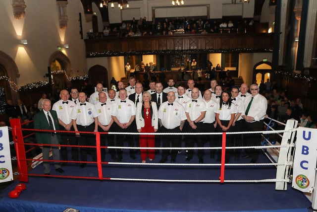 Mayor Sandra Duffy with officials at the Ulster Elite Boxing Finals held in the Guildhall on Thursday night. (Photo - Tom Heaney, nwpresspics)