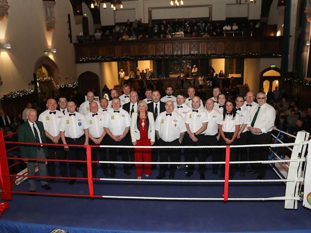 Mayor Sandra Duffy with officials at the Ulster Elite Boxing Finals held in the Guildhall on Thursday night. (Photo - Tom Heaney, nwpresspics)