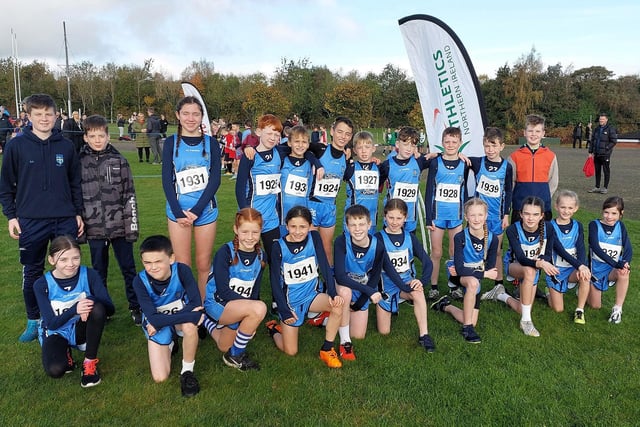The successful Hollybush P.S. Cross Country team that competed in Flahavan’s Primary School Cross Country League at Thornhill in October. Showing their support for the squad were past pupils and previous team members Ronan Doherty, Caolan Rodgers and Jack McGee. (Photo: Jim McCafferty)