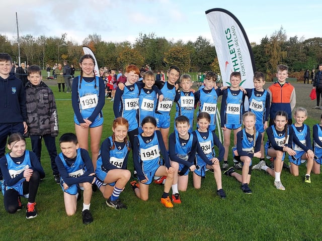 The successful Hollybush P.S. Cross Country team that competed in Flahavan’s Primary School Cross Country League at Thornhill in October. Showing their support for the squad were past pupils and previous team members Ronan Doherty, Caolan Rodgers and Jack McGee. (Photo: Jim McCafferty)