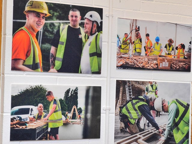 Photographs of young people from Derry helping to construct David Best’s temporary space of healing’ Sanctuary’ in Bedford, England, to commemorate those who lost their lives during the Covid – 19 pandemic exhibited in St Mary’s Youth Club at the film premiere of Ruairi Campbell’s ‘Sanctury’ on Wednesday evening last. Photo: George Sweeney. DER2308GS – 13