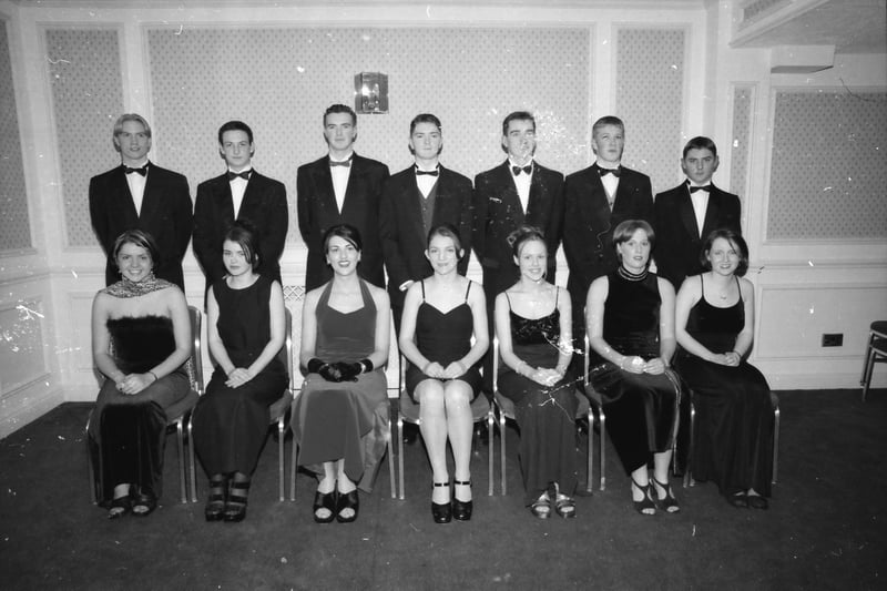 Seated, from left, Gillian Wilson, Kathryn Sheerin, Julian Quigley, Maria Stead, Emmylou Large, Catherine Brown and Una Clifford. Standing, from left, Richard McGowan, Dermot Raine, Mark Doherty, Diarmuid Nugent, Gavin Breslin, Richard Turnbull and Iain Ferguson. Pictured at the Foyle College formal in January 1998.