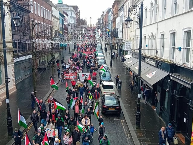 Thousands participate in Derry rally for Palestine calling for a ceasefire in Gaza on January 13, 2024