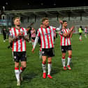 Derry City's Carl Winchester, Ronan Boyce and Michael Duffy salute fans after the game against Bohemians. Photograph: George Sweeney