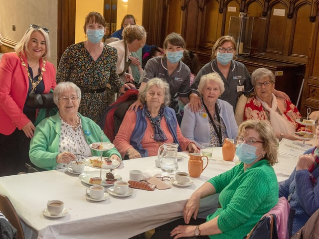 The Mayor Councillor Sandra Duffy hosted final tea dance of her term in the Guildhall on Wednesday pictured with ladies from Thackery Place Picture Martin McKeown.