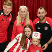Derry City  player Christy Grogan and senior coach Niall McGinn visiting St. Anne’s PS in the run up to their FAI Cup final against Waterford. (Photo - Tom Heaney, nwpresspics)