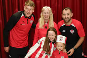 Derry City  player Christy Grogan and senior coach Niall McGinn visiting St. Anne’s PS in the run up to their FAI Cup final against Waterford. (Photo - Tom Heaney, nwpresspics)