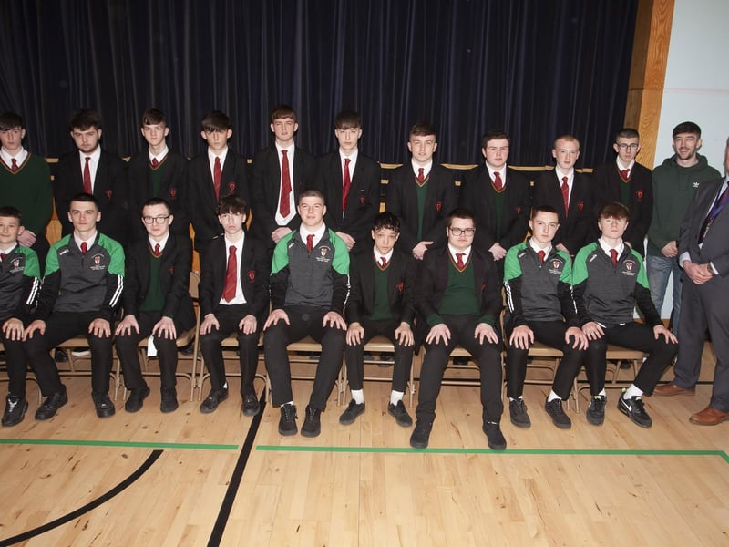 Year 12B pictured after their Leaver’s Mass on Friday last. On right are Mr.Gerald McLauaghlin, Learning Support Assistant and Mr. Paul Kealey, Vice Principal. (Photos: Jim McCafferty Photography)