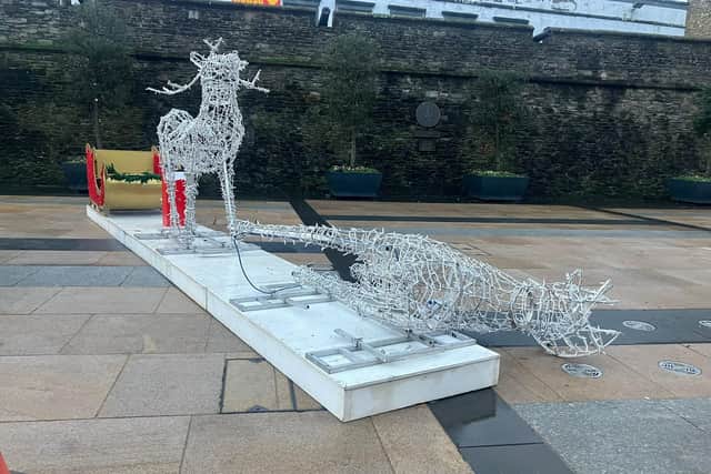 Vandals trashed a decorative Christmas reindeer in Guildhall Hall square last weekend.