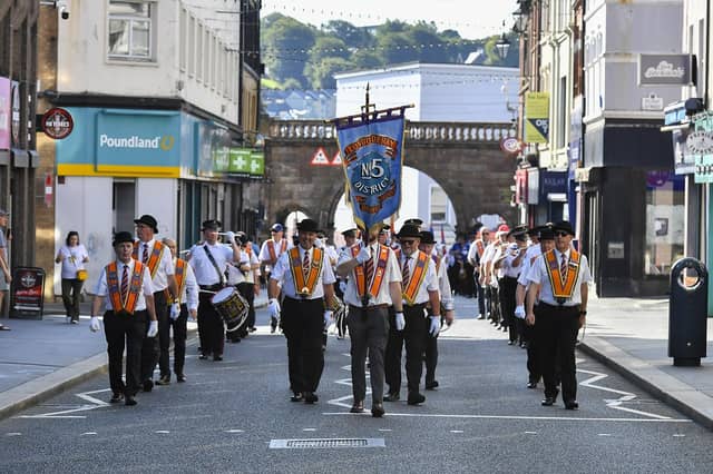 Orangemen take part in the July 12 celebrations in Derry’s city centre on Saturday morning. Photo: George Sweeney