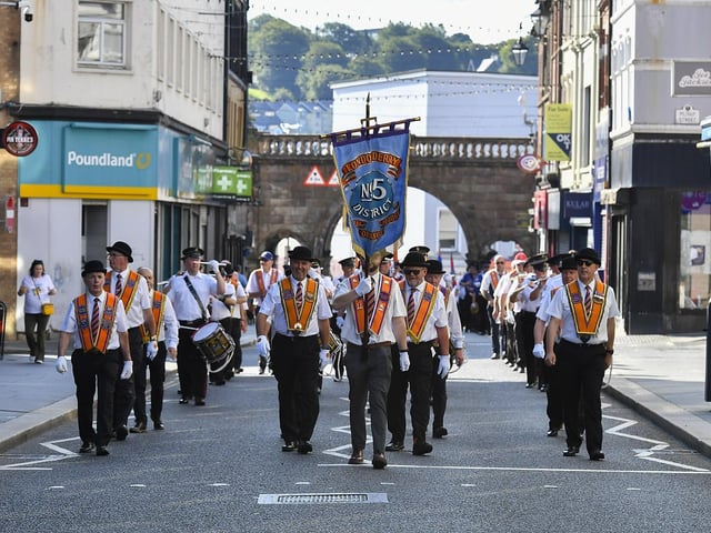 Orangemen take part in the July 12 celebrations in Derry’s city centre on Saturday morning. Photo: George Sweeney