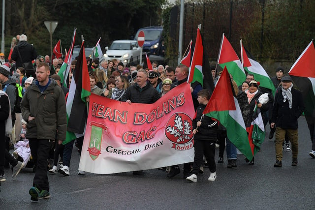 Sean Dolan’s GAC club members take part in a march and rally, in Derry on Saturday afternoon, calling for a ceasefire in Gaza. Photo: George Sweeney