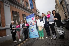 Some of the young people showing their support at last week's SKY Project Launch at the Derry Youth and Community Workshop premises in Society Street. Included are Eleanor Conaghan, SKY Project, Lisa Boggs and Tommy Carlin, National Lottery and Rosemary McKinney SKY project.
