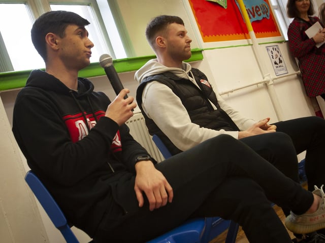 Derry City players Declan Glass and Cameron McJannet pictured during a Q&A session with St. Eugene’s PS pupils.